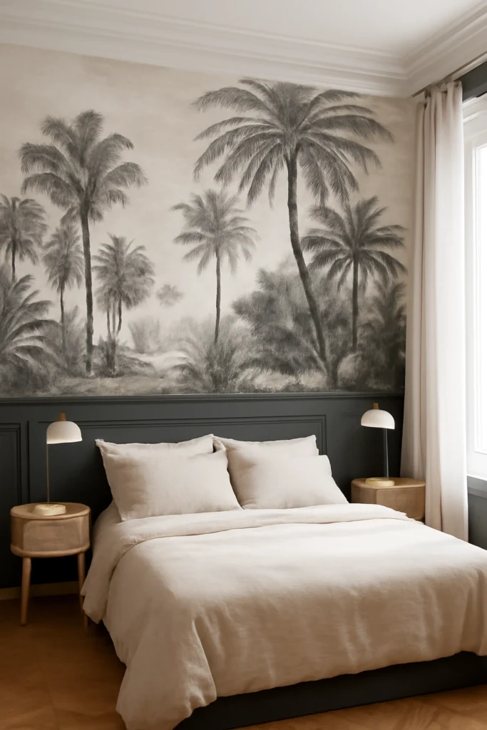 050 BLACK GREY peinture ecologique tête de lit et papier peint gris anthracite et blanc bohème cocooning